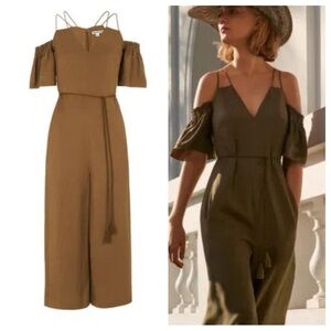 Caara Green Cold Shoulder Linen Blend Wide Leg Jumper Jumpsuit 41375